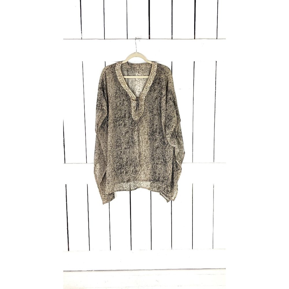 Reptile snake print lightweight sheer beaded kimono cover up caftan blouse